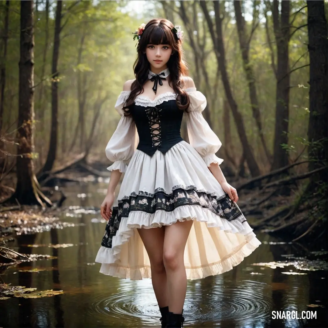 Woman in a dress walking in a river in the woods with trees in the background