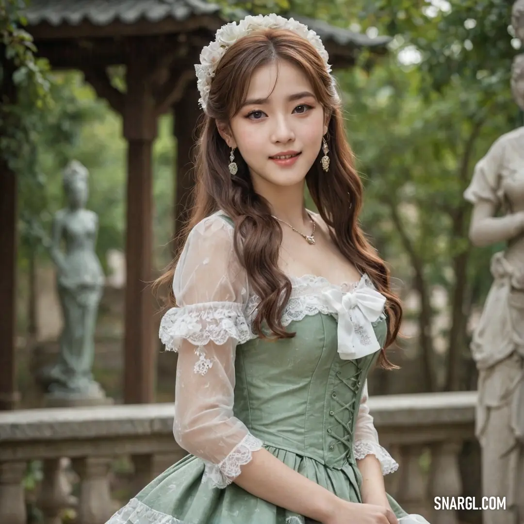 Woman in a green dress posing for a picture in a park with statues behind her