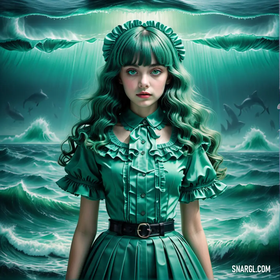 Woman in a green dress standing in front of a painting of a wave and dolphins in the ocean