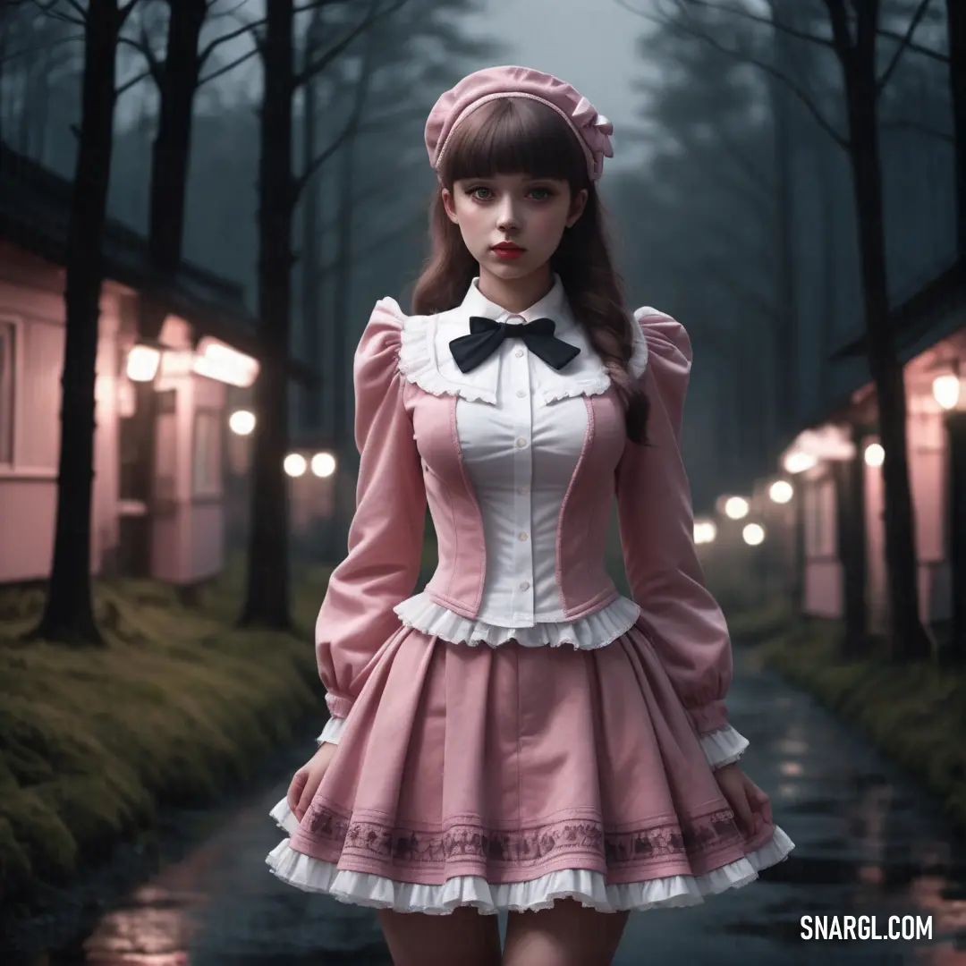 Woman in a pink dress and black bow tie standing in a dark alley way with a pink house behind her