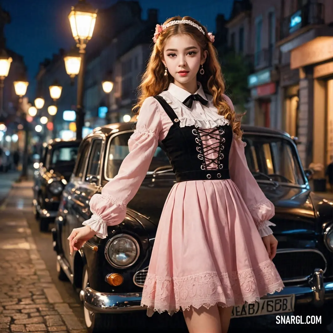 Woman in a pink dress standing next to a car on a street at night with a lamp post in the background