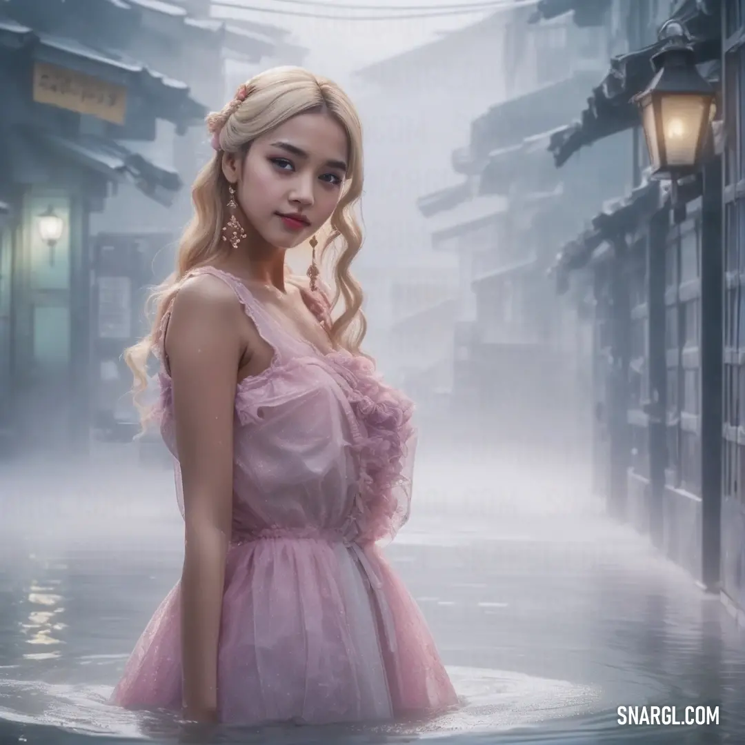 Woman in a pink dress standing in a puddle of water in a city street with a lamp post