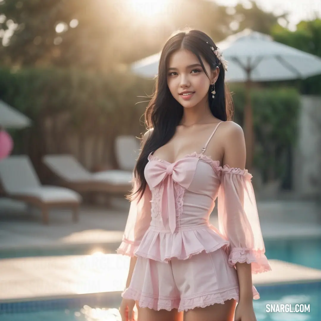 Woman in a pink dress standing next to a pool with a sun shining behind her