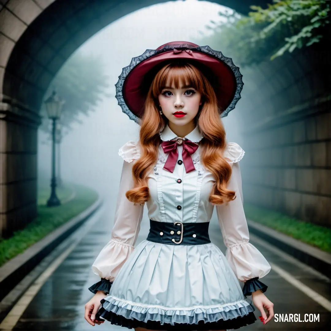 Woman in a white dress and red hat is standing in a tunnel with a red hair and a red - haired girl