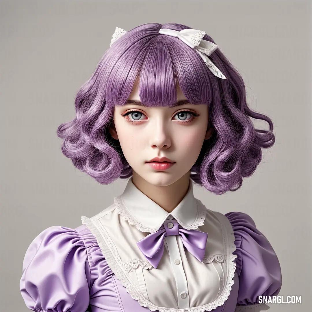 Woman with purple hair and a white shirt and bow tie on her head
