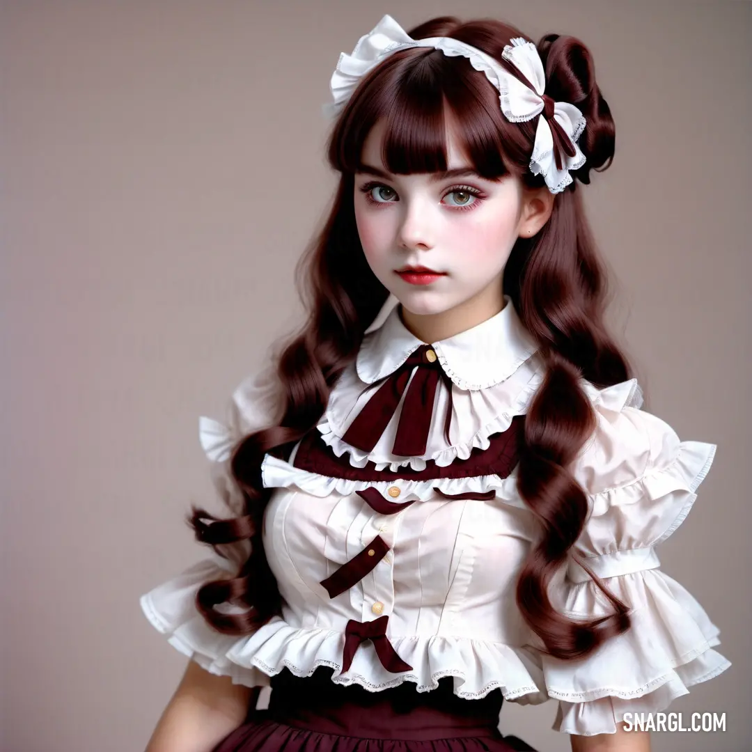 Young girl with long brown hair wearing a white blouse and a brown skirt