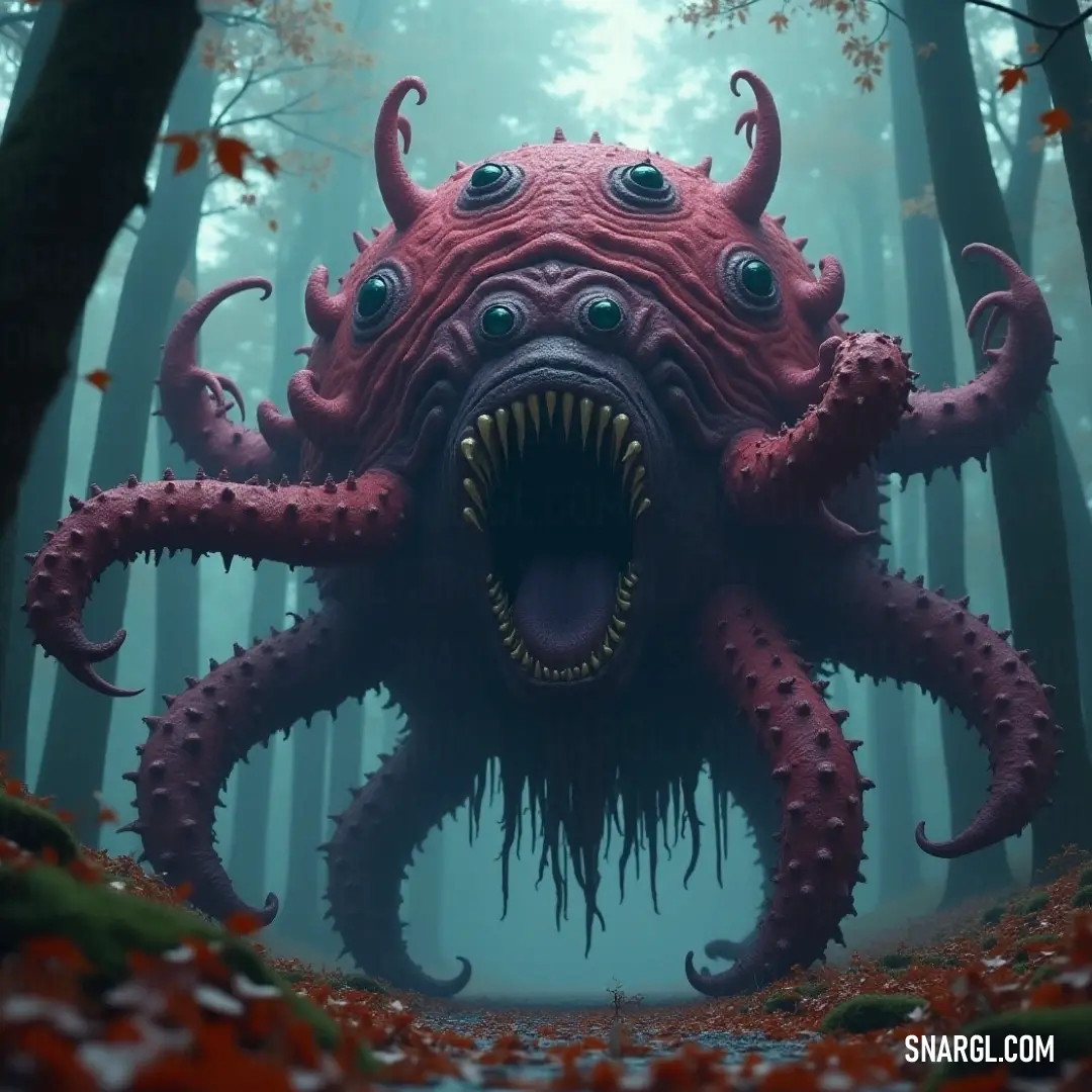 A massive Looming Beholder opens its mouth in the woods, casting an eerie presence over a lurking giant in the background. In the dark woods, a colossal Looming Beholder with a gaping mouth opens wide, intensifying the eerie atmosphere, while a gigantic creature lurks in the foreground, creating an unsettling tableau that ignites the imagination and stirs trepidation.