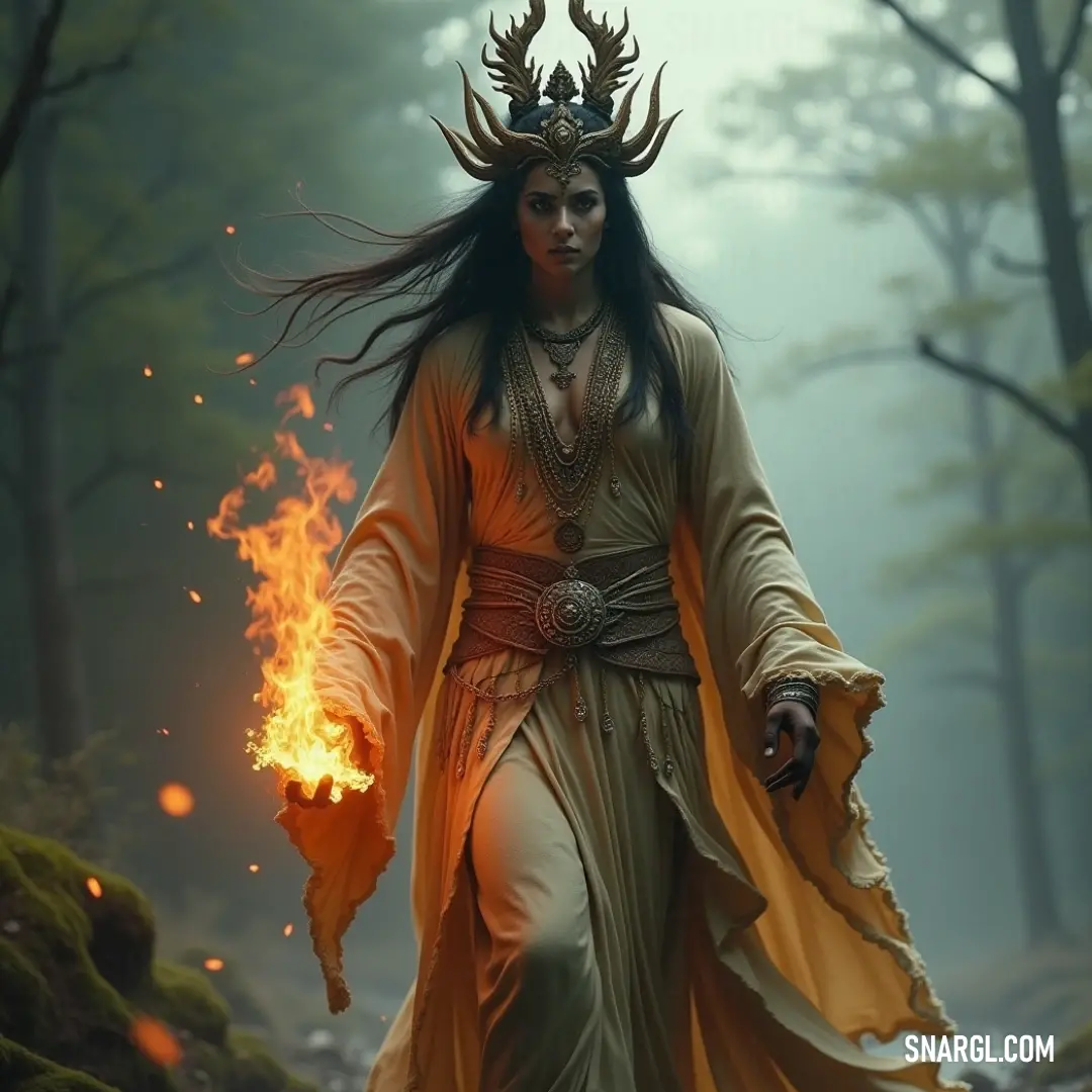 A horned figure with a fire in hand walks through a shadowy forest. The flames cast an eerie glow, creating a captivating and mysterious scene. A figure dressed in a horned costume holds a flickering fire as they walk through a misty forest. The mysterious atmosphere is intensified by the soft light of the fire and the shadows cast by the trees.