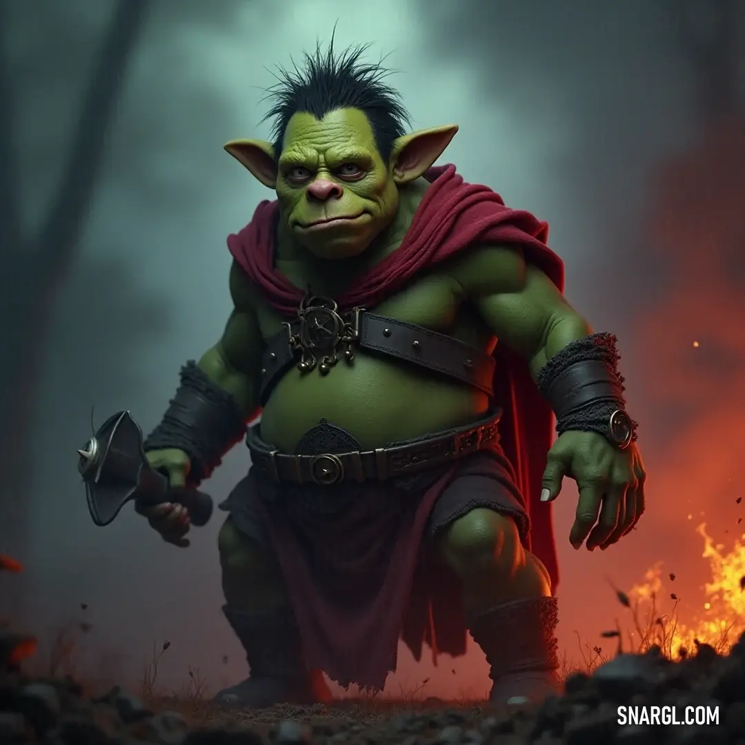 Fierce Lord Farquaad in Fiery Battle Realm A commanding figure of Lord Farquaad emerges, dressed in a crimson cape and green attire, amidst a fiery battlefield, wielding a sword with fierce determination in his eyes.