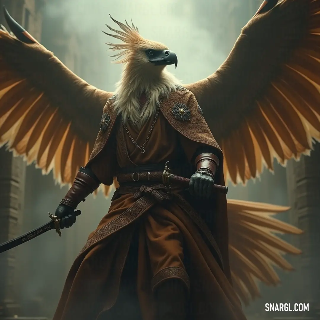 The Lord of Winds stands proud with his sword drawn and wings unfurled, set against an ethereal fog that enhances his formidable aura in a world of mystery and valor. Amidst swirling fog, a majestic figure known as the Lord of Winds stands confidently, sword in hand and wings outstretched, embodying the fierce and untamed spirit of the winds that surround him.