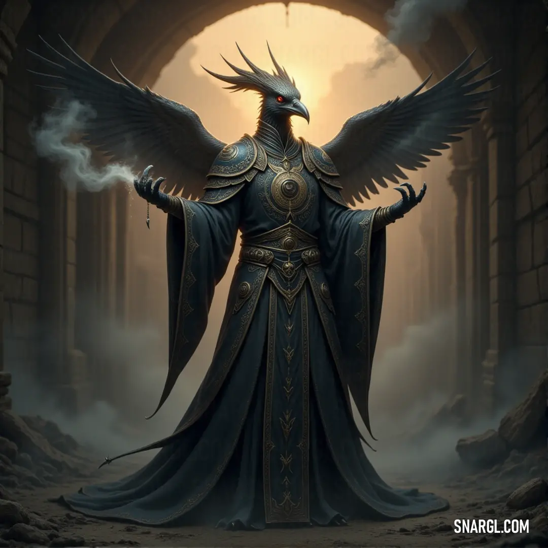 The Lord of Winds stands in a shadowy tunnel, their wings and robe flowing majestically, bathed in a soft, mystical light. A mystical Lord of Winds, with flowing wings and a robe, stands tall in a shadowy tunnel, the light glistening off their figure and enhancing the ethereal nature of the scene.