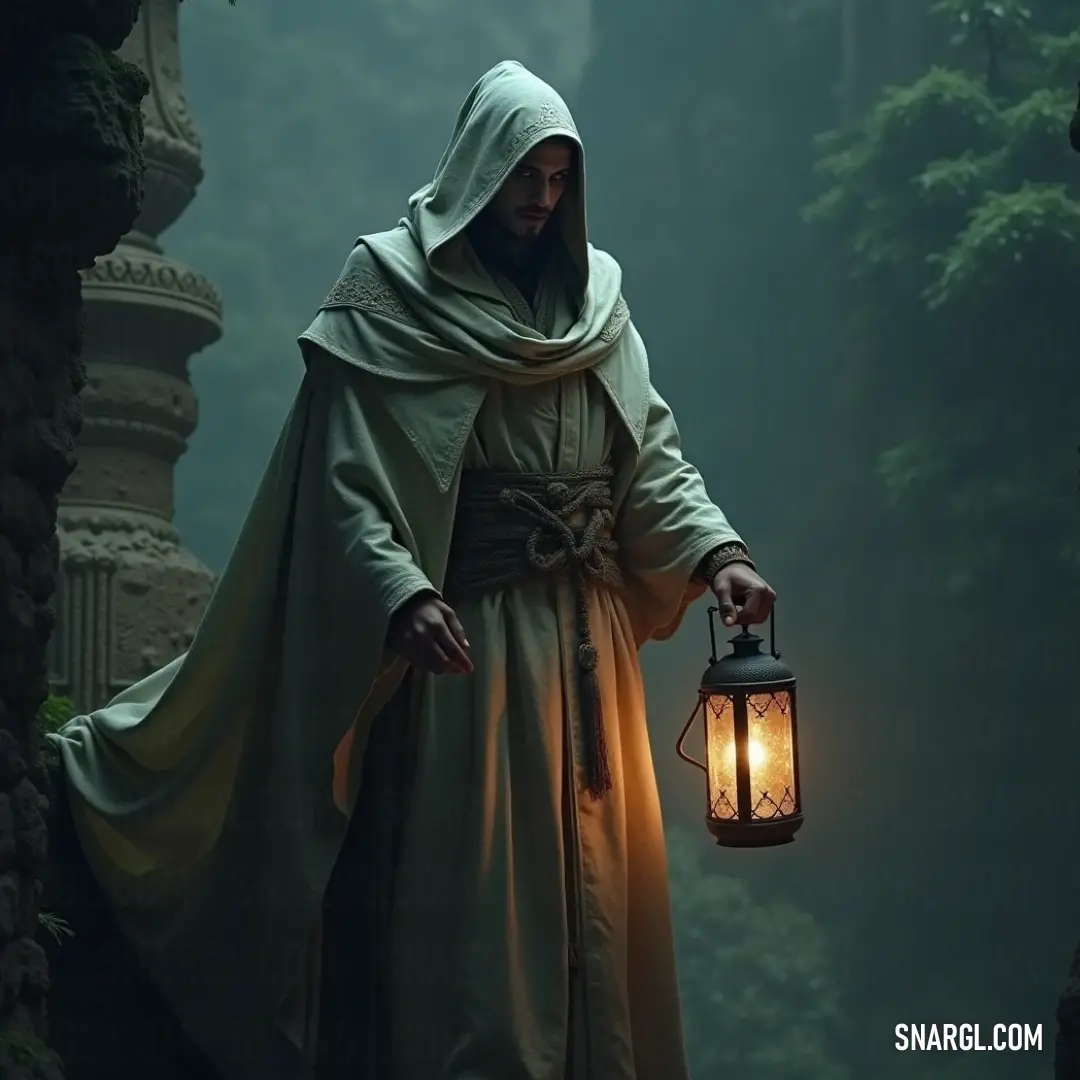 A shadowy figure in dark robes holds a lantern, casting a glow in a dense, mysterious forest filled with gnarled trees and creeping shadows, evoking a sense of adventure. A mysterious figure cloaked in dark robes stands alone in a shadowy forest, the flickering light of a lantern illuminating twisted tree trunks and enveloping the surroundings in an air of suspense and intrigue.