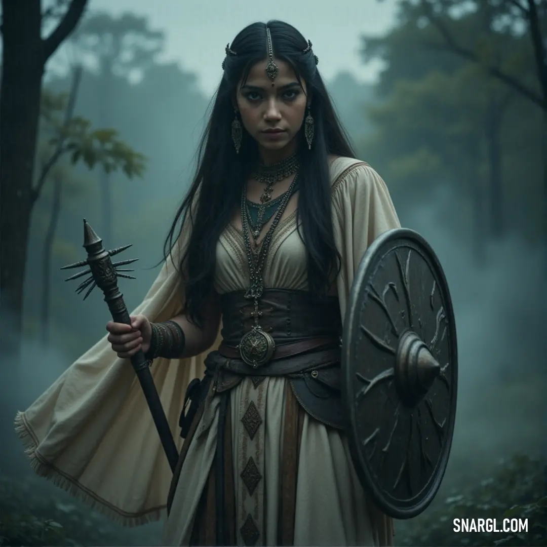 A brave warrior named Lorelei, donned in a mysterious costume, stands ready for battle. Holding a sword and shield, she faces the foggy, enchanting forest that surrounds her, the air thick with mystery and anticipation.