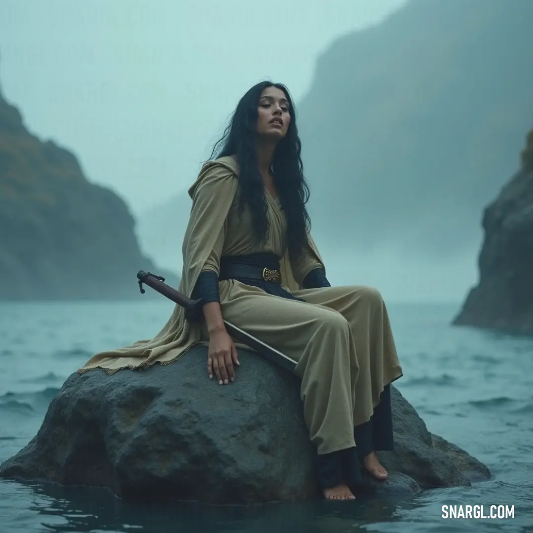 On the edge of adventure, Lorelei's Sister confidently brandishes a gleaming sword while standing on a rock surrounded by shimmering water, with towering mountains rising dramatically in the backdrop, hinting at epic tales of courage.