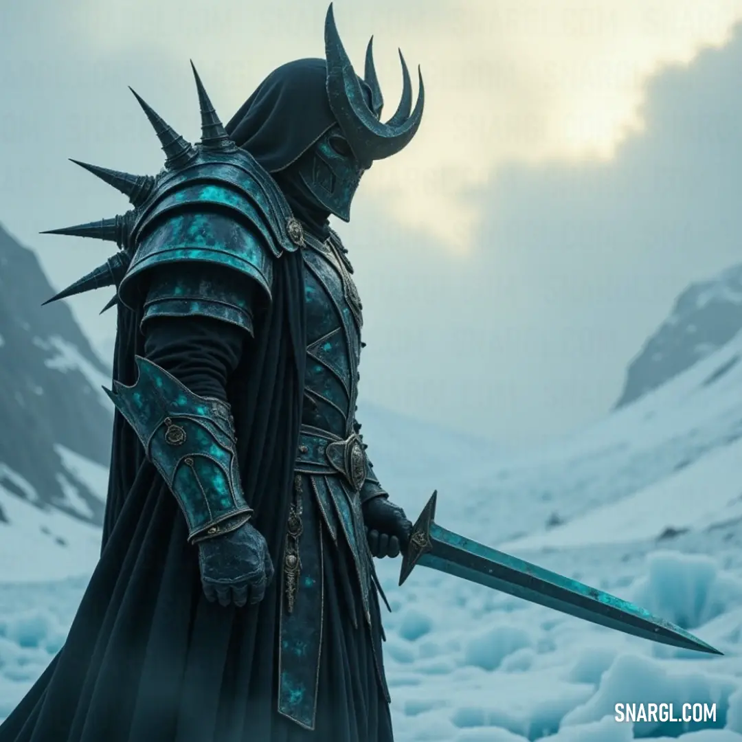 A lone figure in dark armor holds a sword in the snow, surrounded by towering mountain peaks, the chill air adding a sense of isolation and quiet strength.