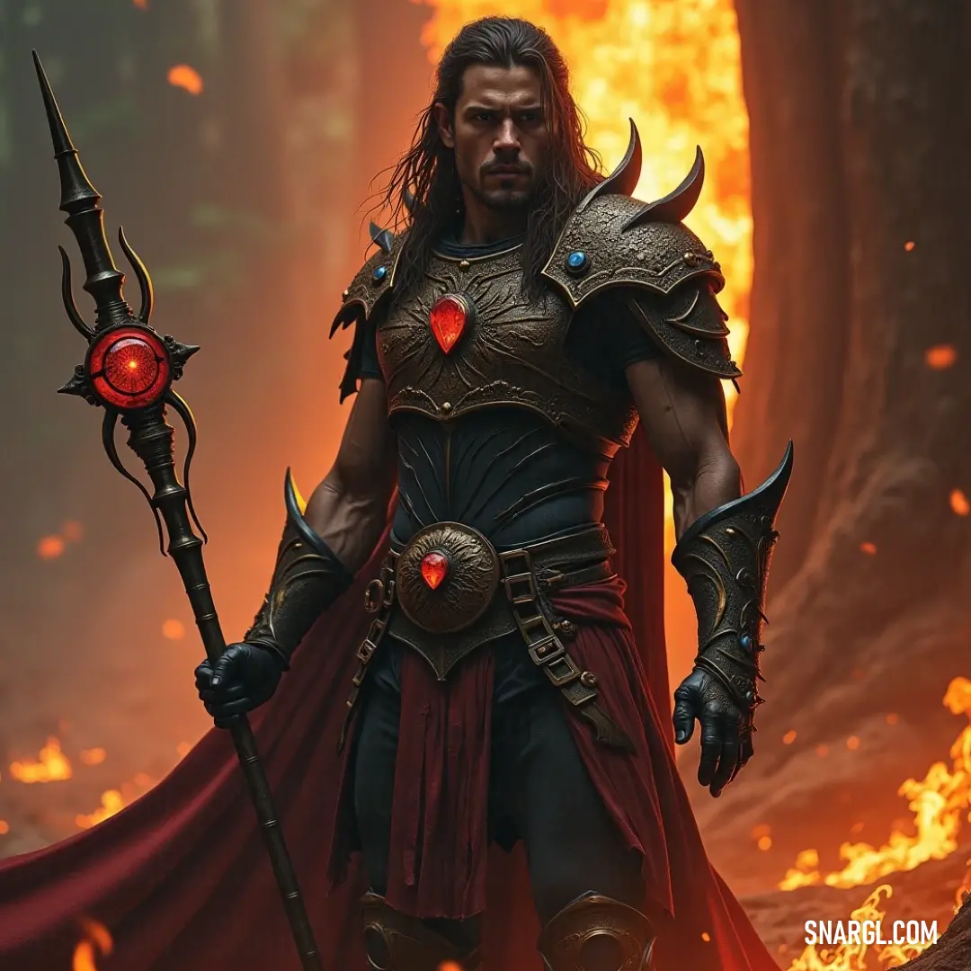 A noble warrior in a regal red cape, wielding a sword and proudly presenting a heart emblem. A majestic figure draped in a flowing red cape, brandishing a sword, proudly displaying a heart emblem glimmering on his chest. The rich reds evoke passion and intensity, giving life to a character who embodies both power and emotion.