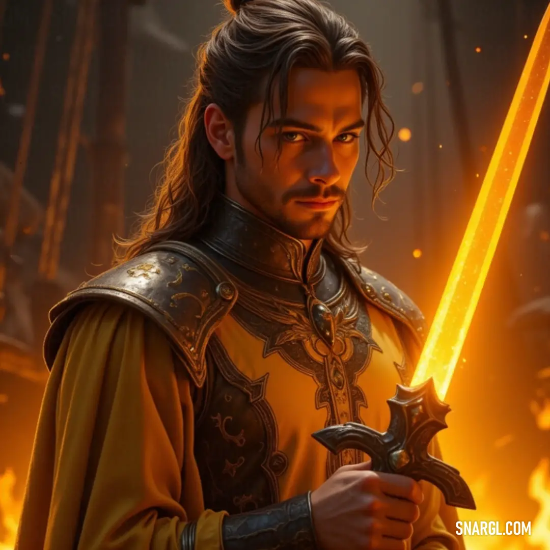 A courageous warrior in yellow, brandishing a sword amid roaring flames and a grand ship backdrop. A heroic figure clad in a vibrant yellow outfit, gripping a gleaming sword as flames roar behind him, casting a fierce glow. In the background, a majestic ship looms, adding a sense of adventure and ominous beauty to the scene.