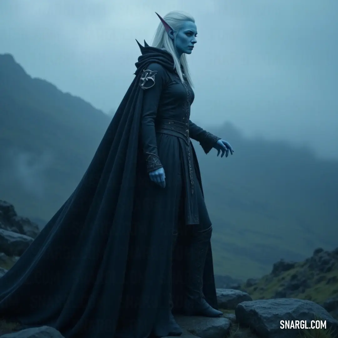 A fearless warrior in a stunning blue dress, poised atop a rocky summit, wielding a shining sword with a billowing black cape in the majestic mountain landscape. A brave warrior clad in a striking blue dress stands atop a rocky peak, gripping a gleaming sword, her black cape billowing in the wind against a backdrop of majestic mountains.