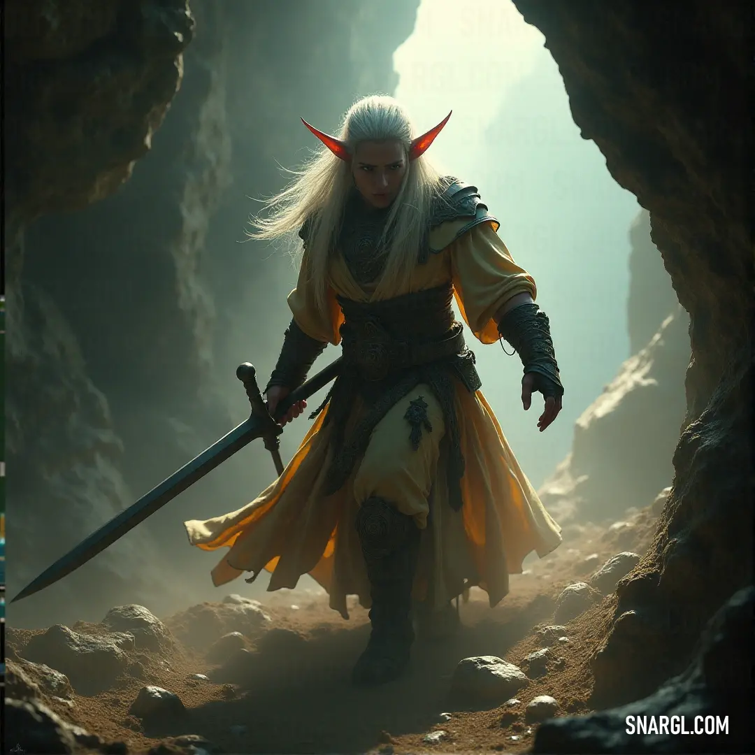 Lúthien in a yellow outfit holding a sword in a cave with a cave entrance behind him