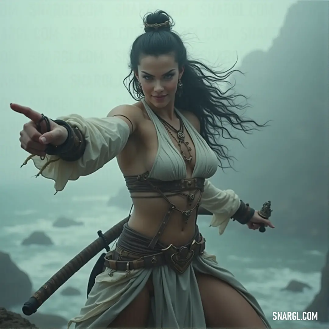 A figure in elaborate costume points with conviction, exuding determination and focus, as if leading others on an important quest. A character in detailed costume stands with one hand raised, pointing decisively at something unseen. The dynamic pose suggests purpose and focus, with an air of anticipation as if guiding others towards a significant path.