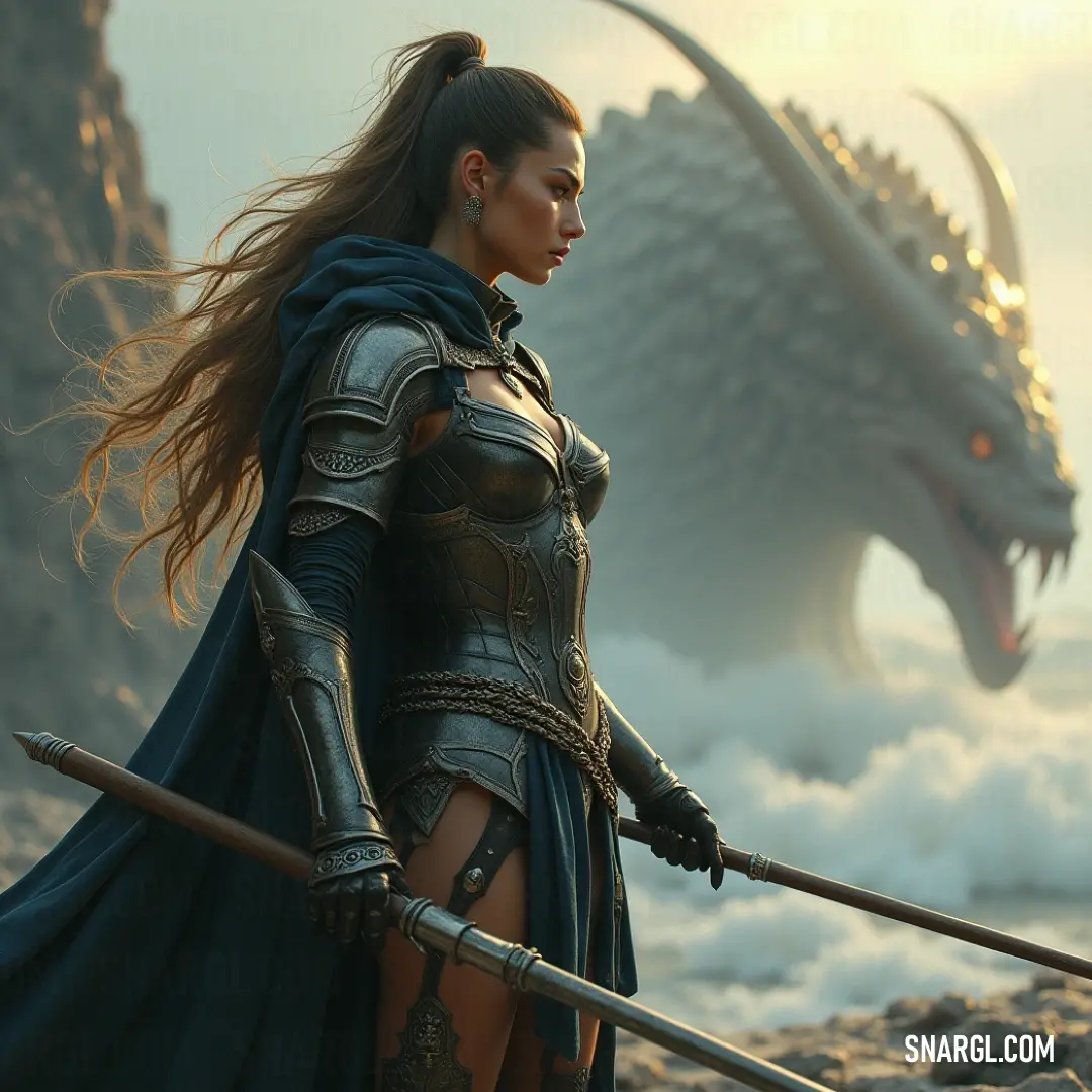 Lozen, the warrior, in armor with sword drawn, stands on a rocky beach with a dragon behind her and storm clouds gathering overhead. Lozen, a fierce warrior dressed in intricate armor, stands proudly on a rocky beach, her sword drawn and poised as a mighty dragon looms behind her. The winds whip through the air, and the waves crash against the rocks under a dramatic sky.