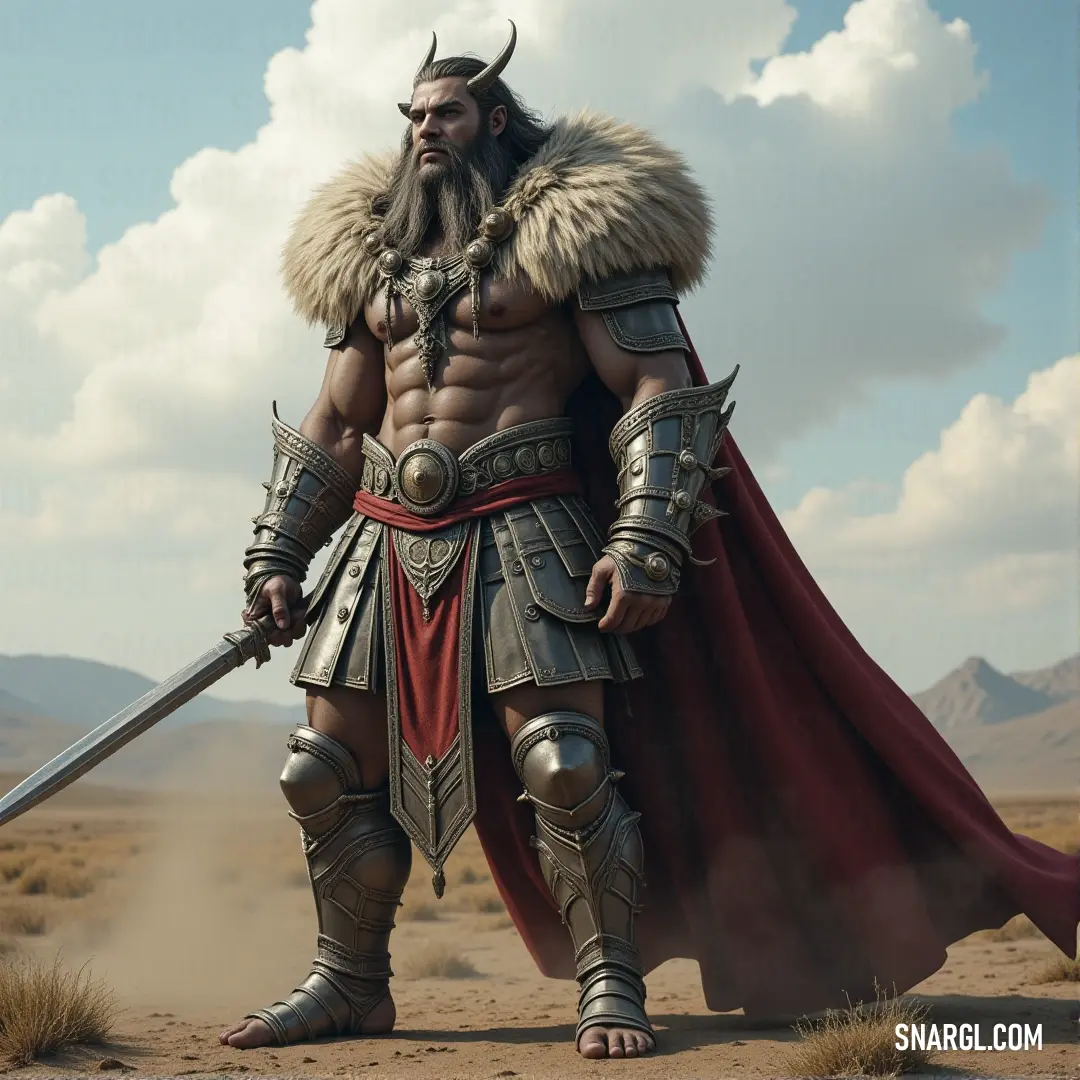 Amidst the endless desert, Lucian stands ready for whatever comes, his sword in hand and the mountain peaks beyond him, a solitary figure against the vast emptiness. Lucian, donned in a striking costume and gripping a sword, stands in the vast desert. The mountains in the background add to the desolation around him, as he faces the harsh landscape with unwavering determination.