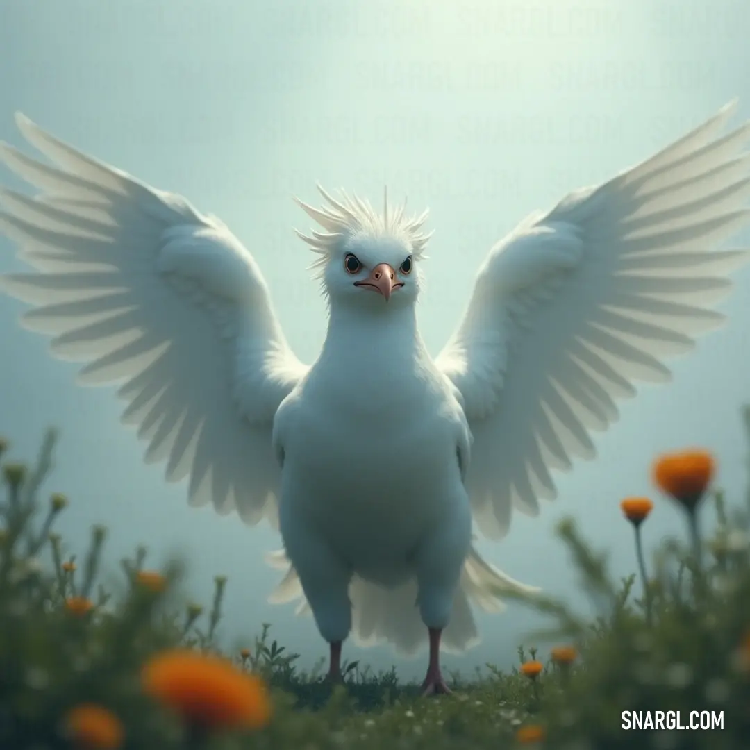 A graceful White Lucidwing with expansive wings, surrounded by a vibrant tapestry of flowers beneath a radiant blue sky. A stunning White Lucidwing elegantly unfolds its wings in a vibrant field packed with colorful flowers under a bright blue sky, exuding beauty and grace amidst the flora.