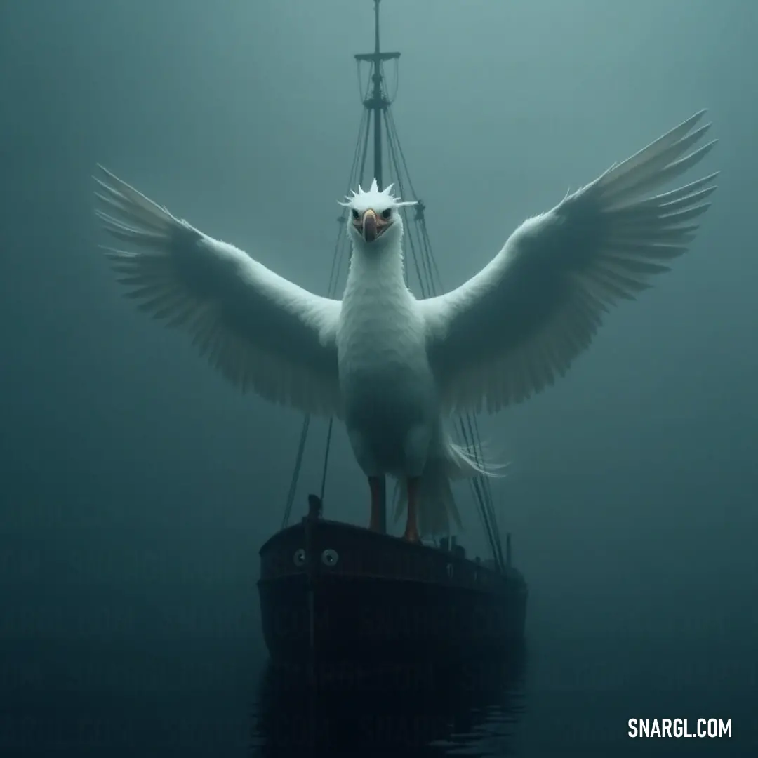 A radiant White Lucidwing stands confidently on a boat, its wings unfurled under a bright beam of light, creating an enchanting scene that merges the beauty of wildlife with the serenity of water.