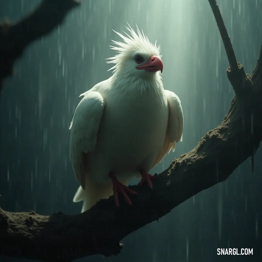 The elegant White Lucidwing with a striking red beak, resting gracefully on a branch during a refreshing rain. Behold the exquisite White Lucidwing with a vivid red beak, perched delicately on a branch as droplets of rain cascade around it, creating a magical atmosphere filled with freshness and life.