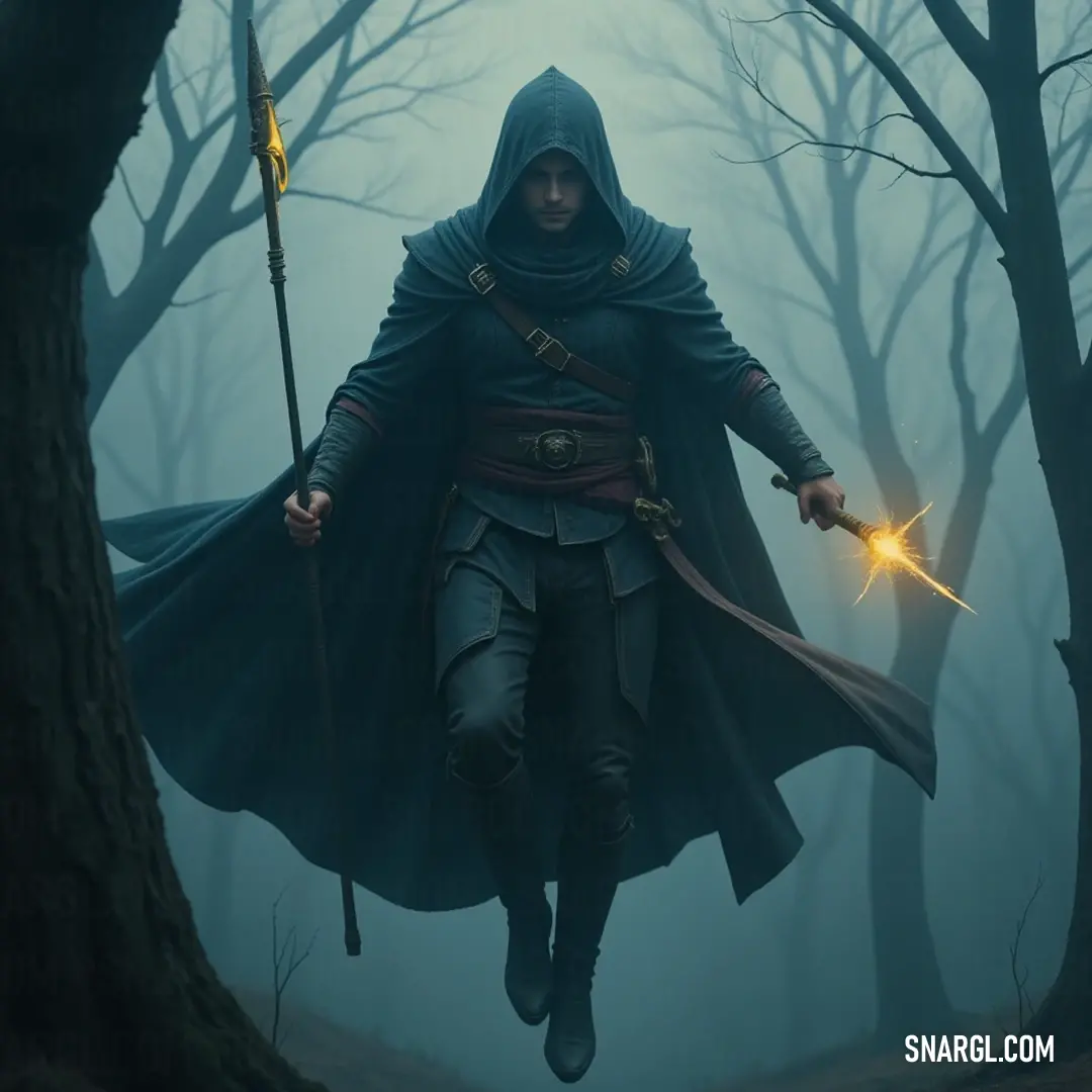 A hooded warrior in a foggy forest, wielding a sword and a glowing light, surrounded by ancient trees, ready to unveil the hidden mysteries that lie within. In a mystical foggy forest, a hooded figure brandishes a sword, while a glowing light illuminates their path, weaving through ancient trees that whisper secrets of forgotten lore.