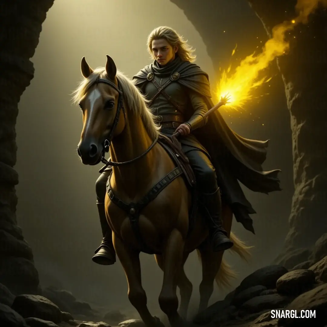 A determined knight rides valiantly through a shadowy cave, a glowing light illuminating the path ahead, wielding a sword with unwavering resolve as he ventures into the unknown.