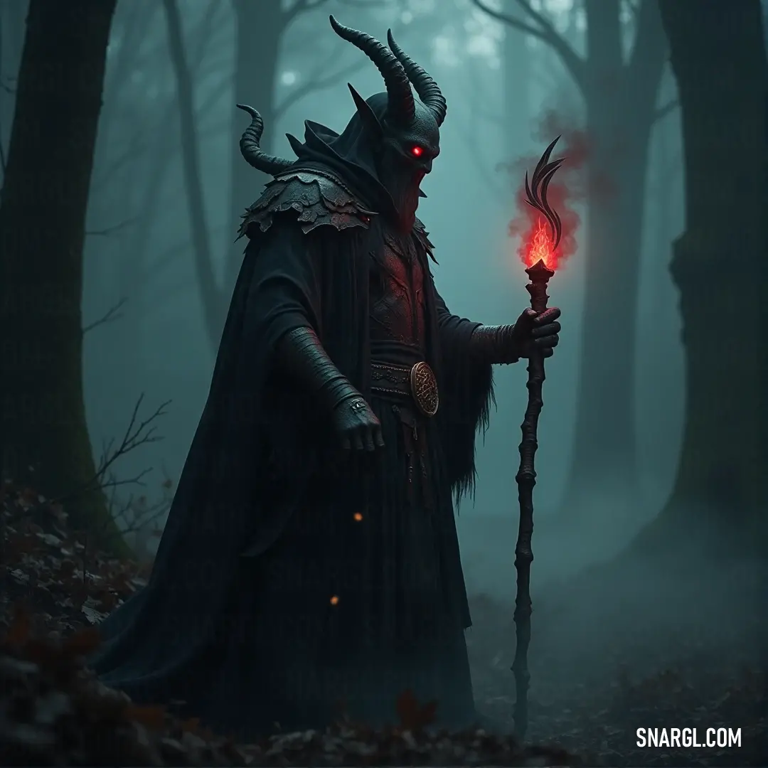 Lucifer in a horned costume, holding a red light in a dark forest, with trees and leaves around him. Lucifer, dressed in a horned costume, holds a glowing red light as he stands in a dark forest, surrounded by tall trees and fallen leaves, creating a haunting and ethereal scene.