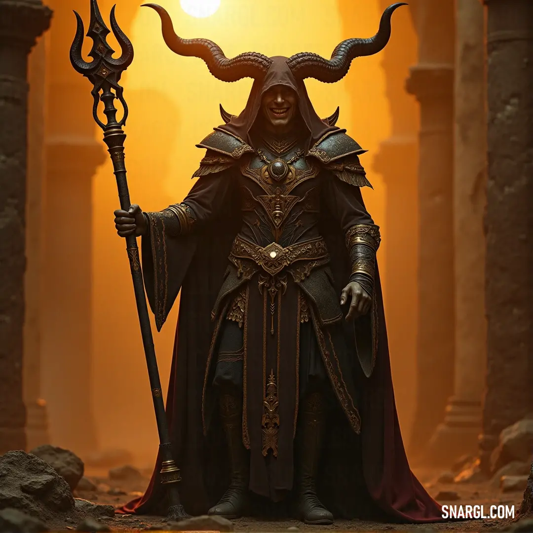 Lucifer with horns and a staff, standing in a cave, as sunlight streams through the opening, casting ominous shadows. Lucifer, adorned with twisted horns, grips a staff as he stands in a cave, the light of a distant sun casting dramatic shadows on the walls, enhancing his menacing presence.