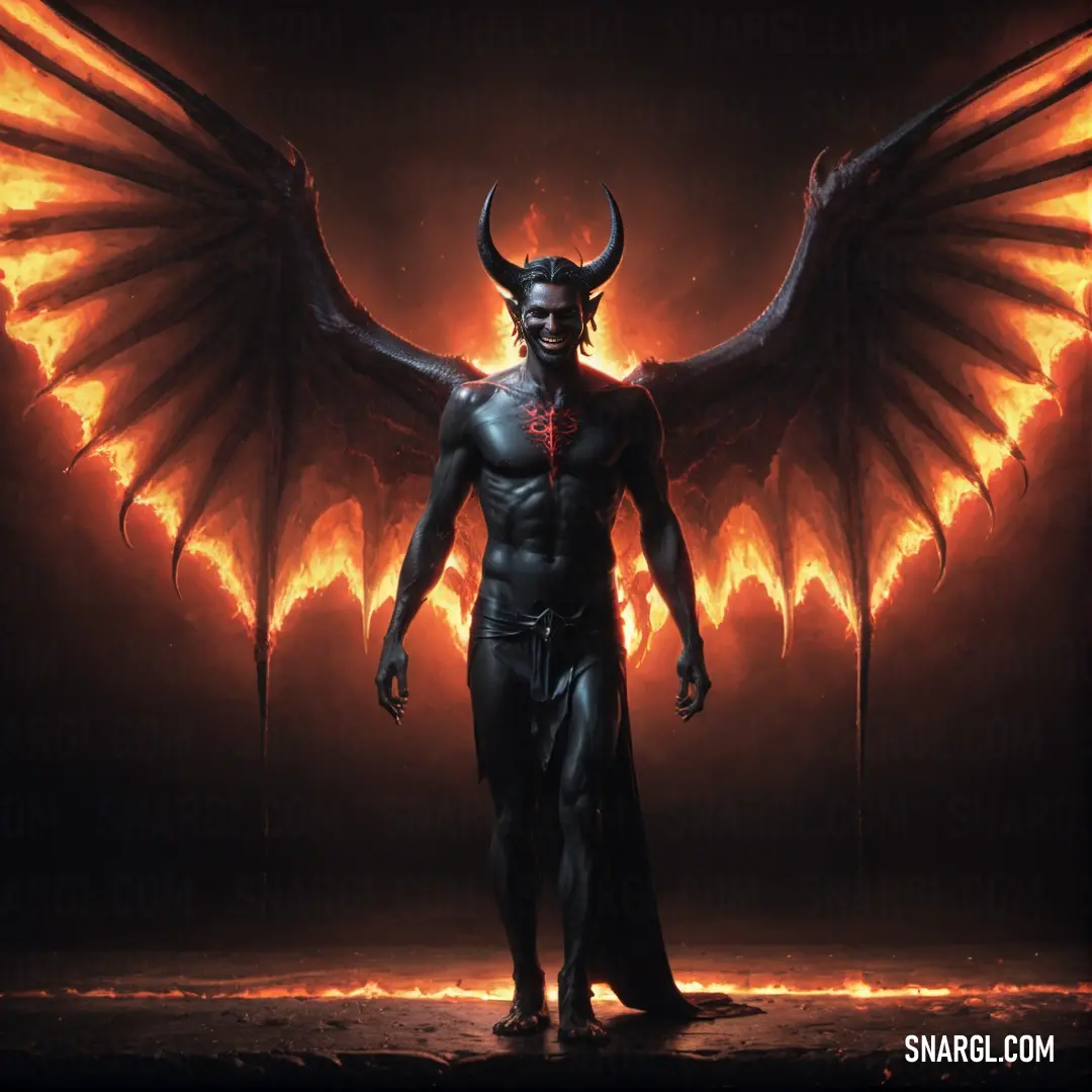 Lucifer with a demonish face and wings on his body, standing in front of a dark background