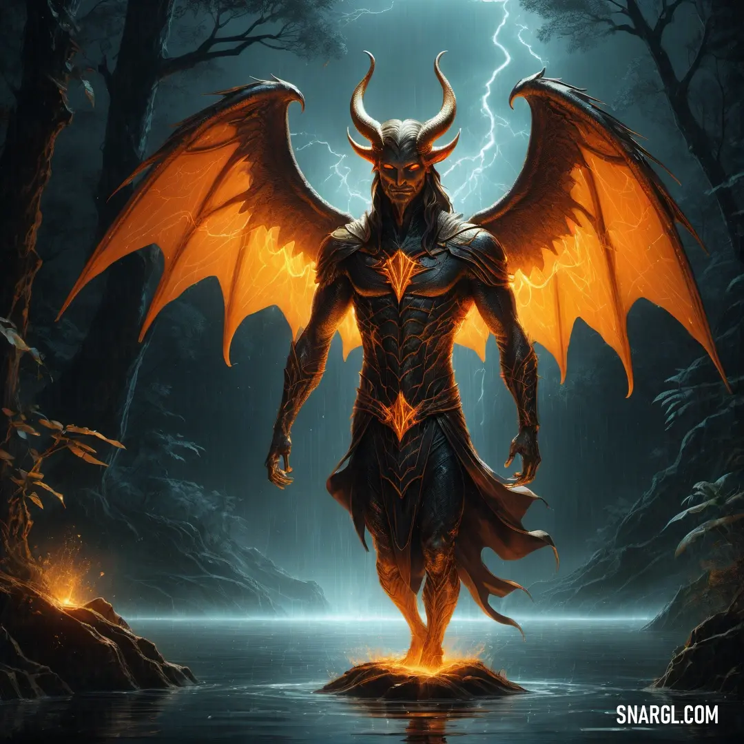 Lucifer with horns and wings standing in a forest with a lake and lightning behind him