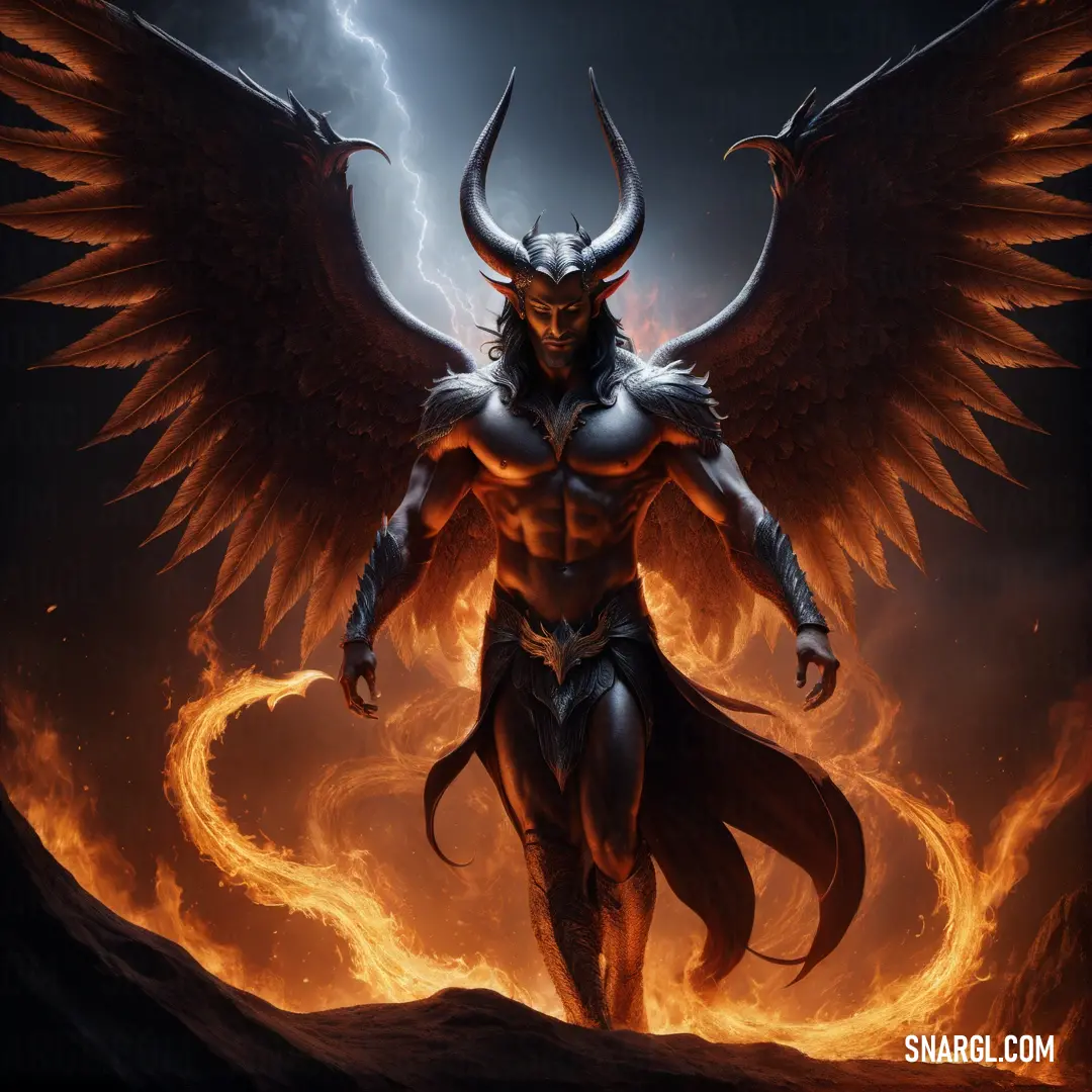 Lucifer with huge wings standing in a field of fire with lightning behind him and a Lucifer like body
