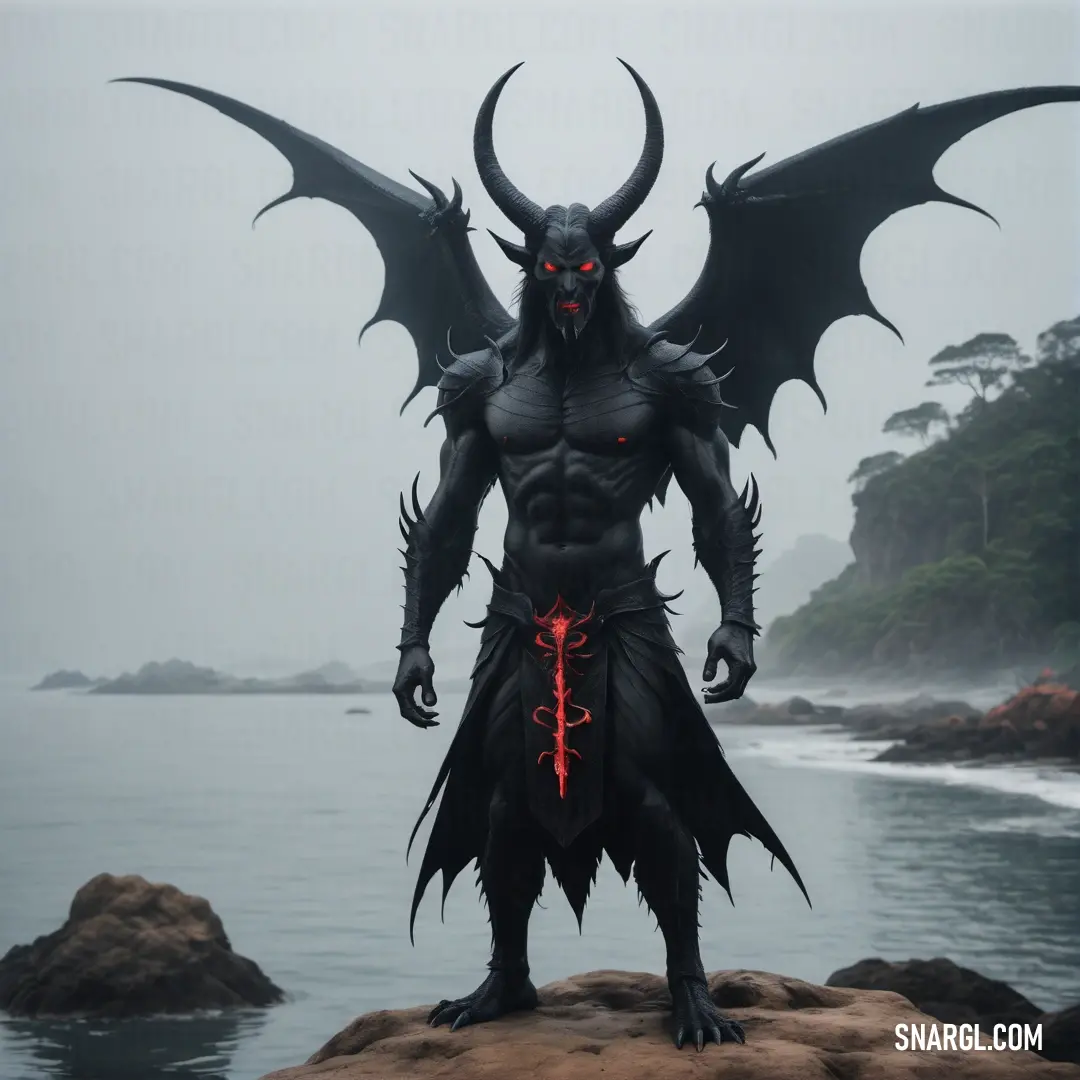 Luciferic Lucifer standing on a rock near the ocean with his wings spread out and glowing red eyes on his face
