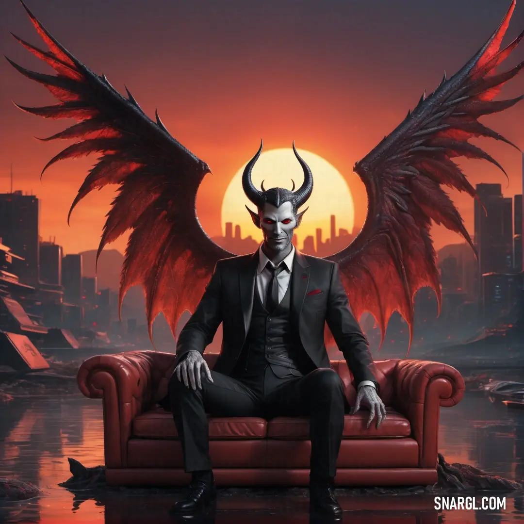 Lucifer on a couch with wings on his head and a city in the background with a red sun