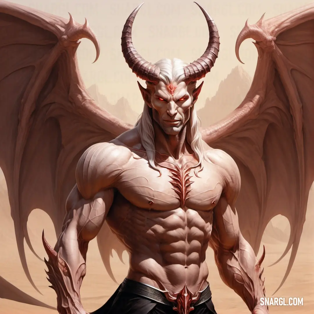 Lucifer with a horned head and horns on his body and hands on his hips