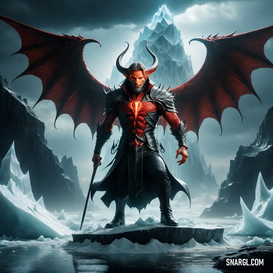 Man with a sword and a Lucifer on a mountain with ice and icebergs in the background