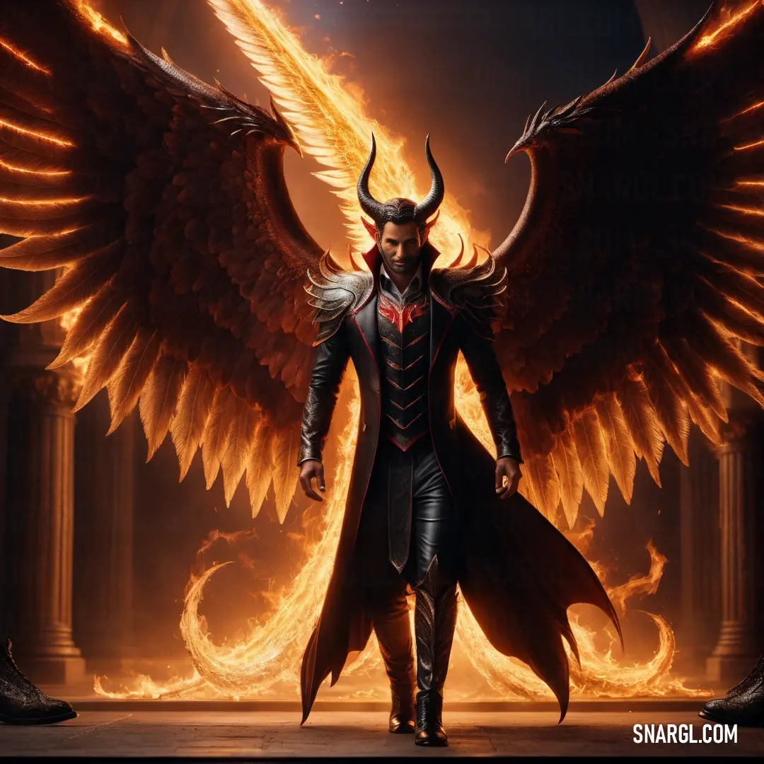 Man with wings and a Lucifer outfit on standing in front of a fire background
