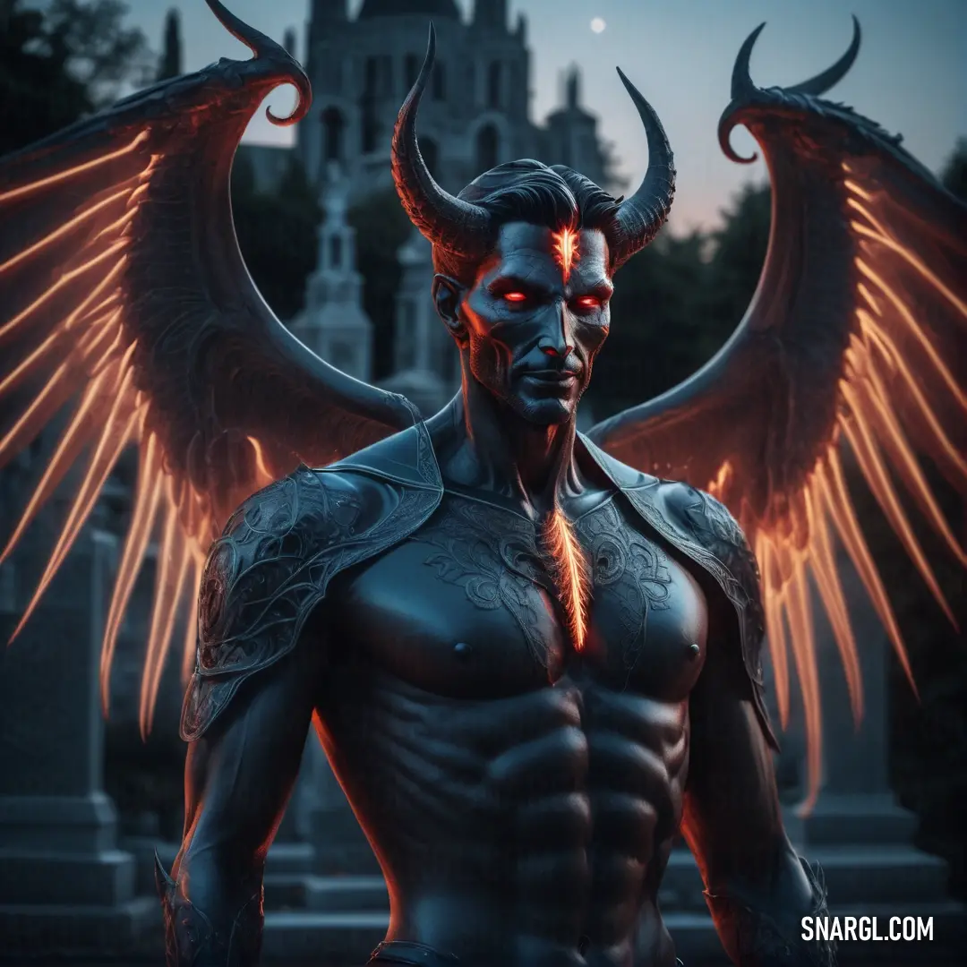 Man with wings on his head and a Lucifer face on his chest