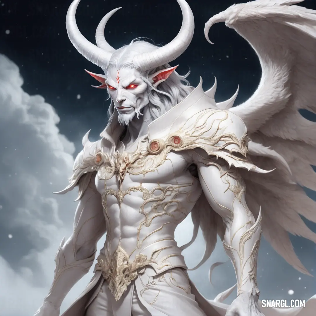 White Lucifer with horns and wings standing in front of a cloudy sky with a moon behind it and a red demon's head