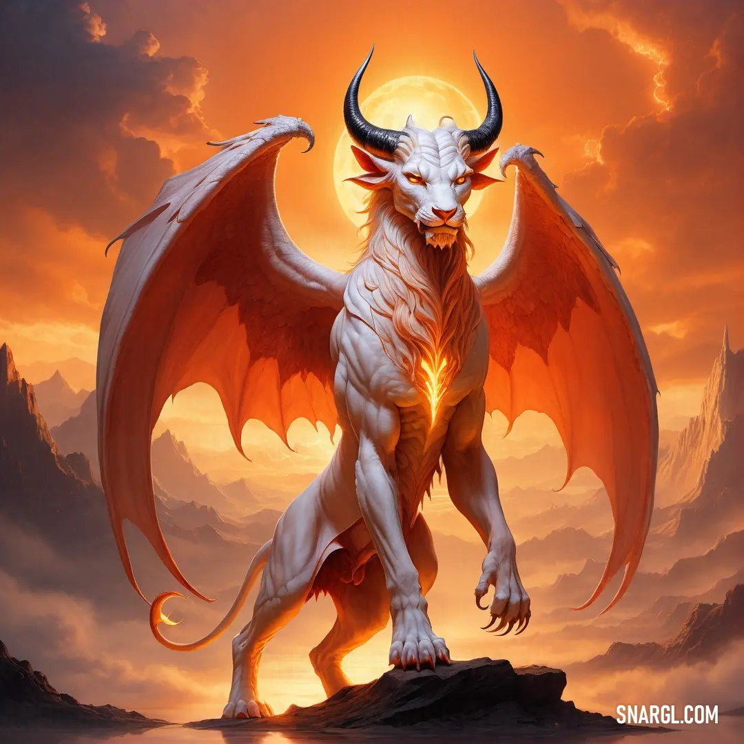 White Lucifer with large horns standing on a rock in front of a sunset with clouds and mountains in the background