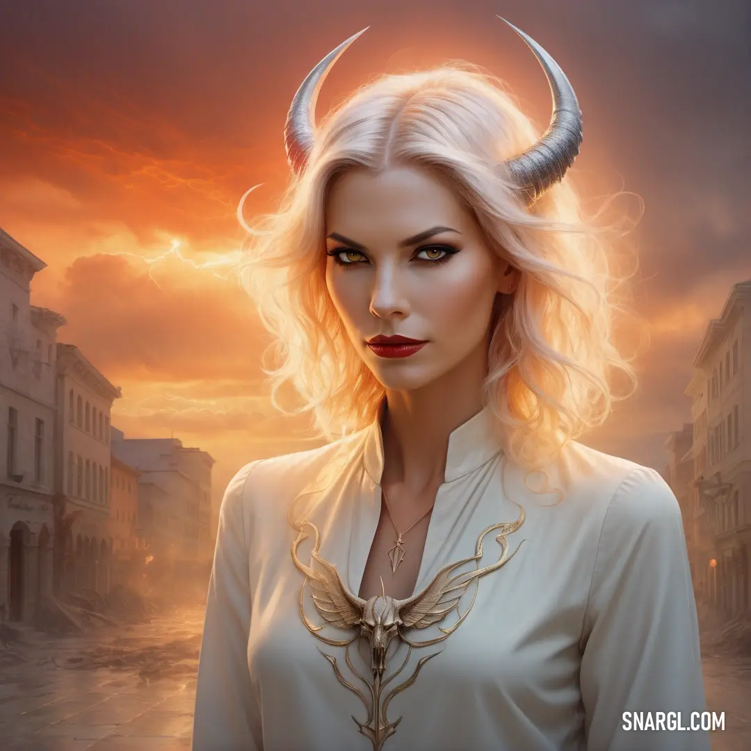 Lucifer with horns and a white shirt is standing in front of a sunset with buildings