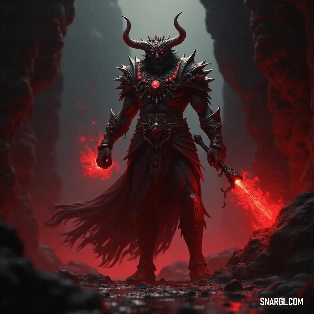 A fierce Demonic Lucifuge Rofocale with twisted horns holds a glowing red light amidst a vivid landscape of molten lava and jagged rocks, exuding an aura of primal power and danger. The formidable Demonic Lucifuge Rofocale, adorned with sinister horns, stands grandly in a lava-filled abyss, gripping a crimson light that casts flickering shadows through the molten landscape, a vision of awe-inspiring terror.