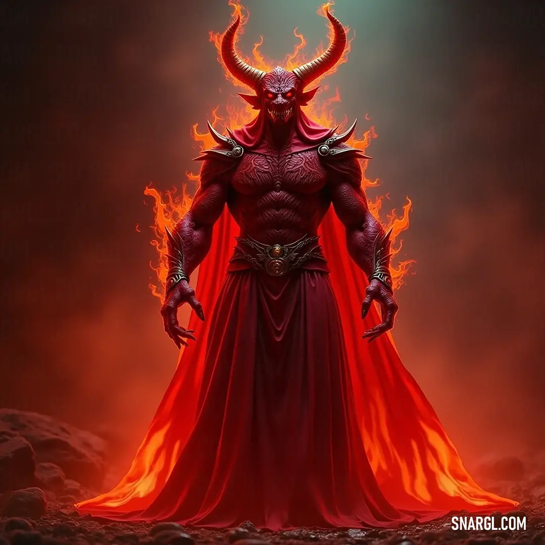 The fierce Lucifuge, clad in a vibrant red cape and flame-infused attire, stands defiantly, representing an ancient force of power against the backdrop of tumultuous energy. Lucifuge, majestic and fierce, stands adorned in a striking red cape and a radiant dress embodying flames, casting an indomitable presence as it towers in fierce defiance, a symbol of raw power amidst chaos.