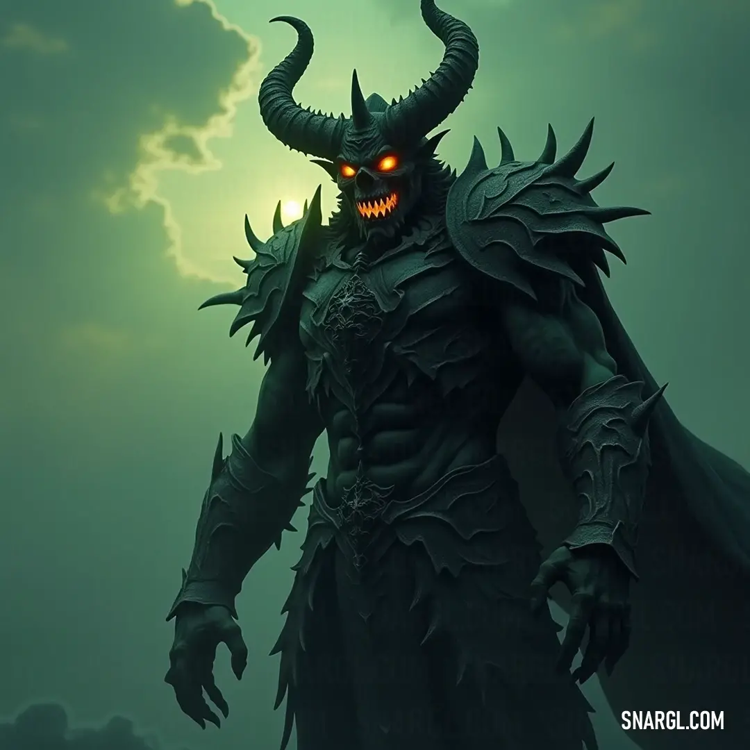 Lucion stands ominously in the dark, his glowing eyes and fearsome horns casting an eerie presence, set against a backdrop of tumultuous clouds, embodying a being of great power and mystery. Illuminated by a ghostly glow, Lucion emerges from the darkness with piercing eyes and menacing horns, set against a turbulent cloudy sky, creating an atmosphere of suspense and foreboding, as if a storm is on the horizon.