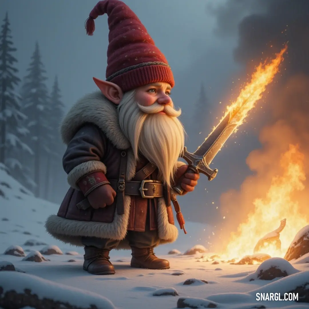 A formidable figure stands valiantly with a sword in front of a raging fire, surrounded by a fiery forest, as a bird soars overhead, symbolizing strength in the face of chaos and the spirit of resilience against nature.