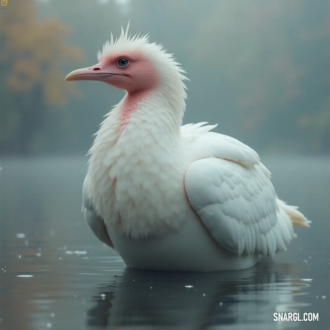 A White Lumina with a delicate pink beak is peacefully floating on a fog-covered lake. The calm waters reflect the soft shapes of trees in the distance, creating a serene and almost mystical atmosphere.
